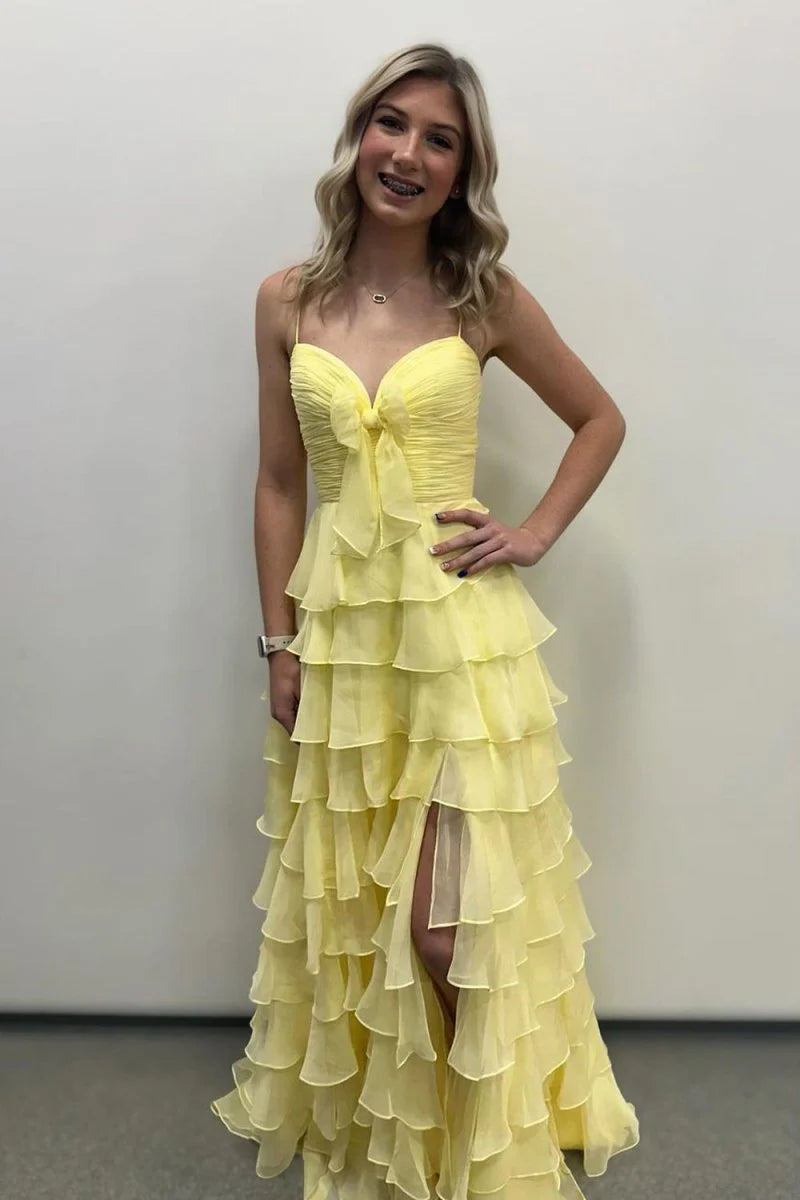 A Line Spaghetti Straps Yellow Long Retract Your Waist Party Dress